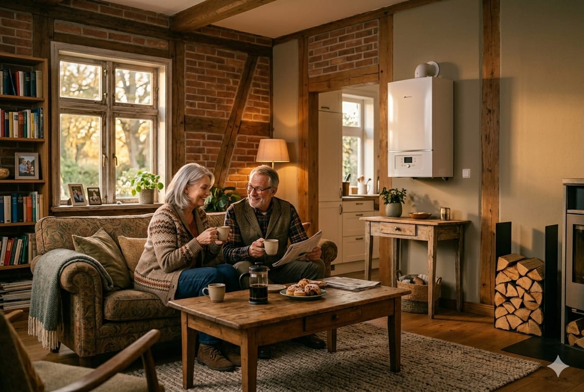 Warm beleuchtetes Wohnzimmer in einem Landhaus mit moderner Gasbrennwerttherme, behagliches Heizen mit Flüssiggas